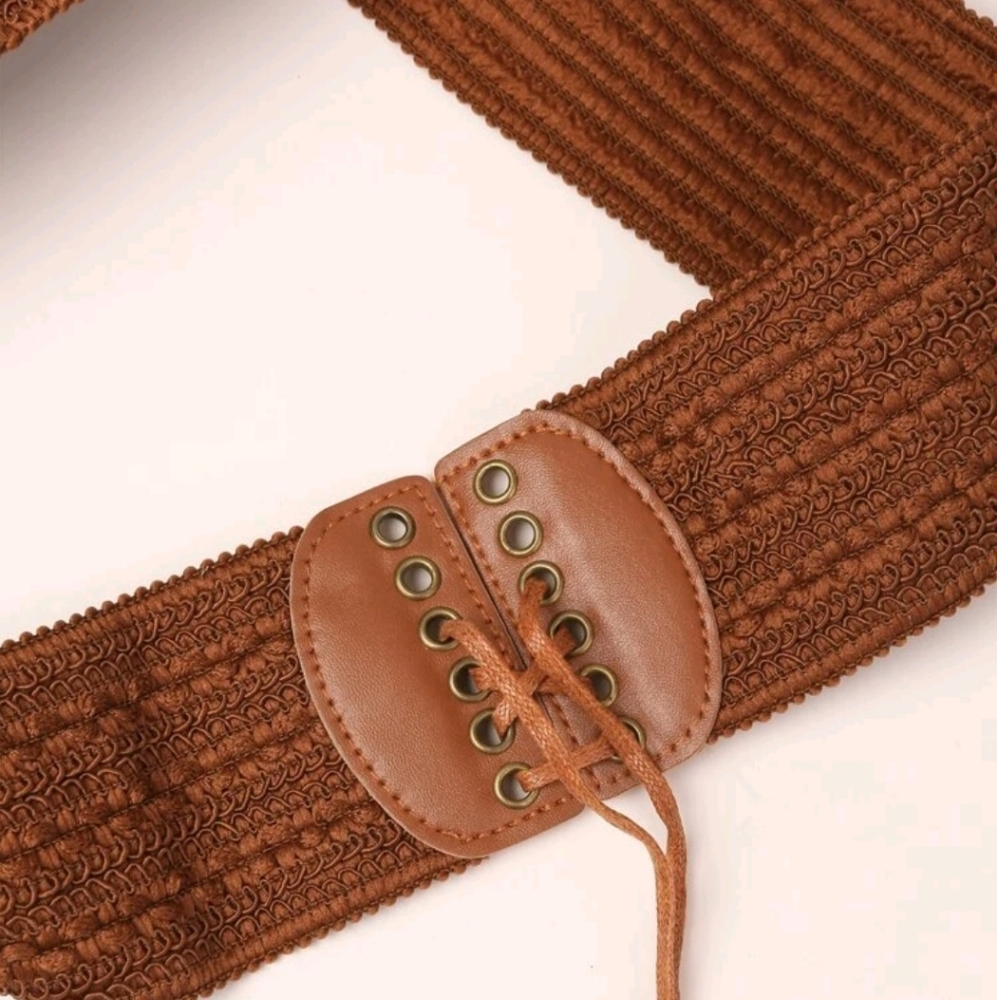 Lace up boho Brown woven corset wide elastic stretch vintage style waist belt - Picture 9 of 14
